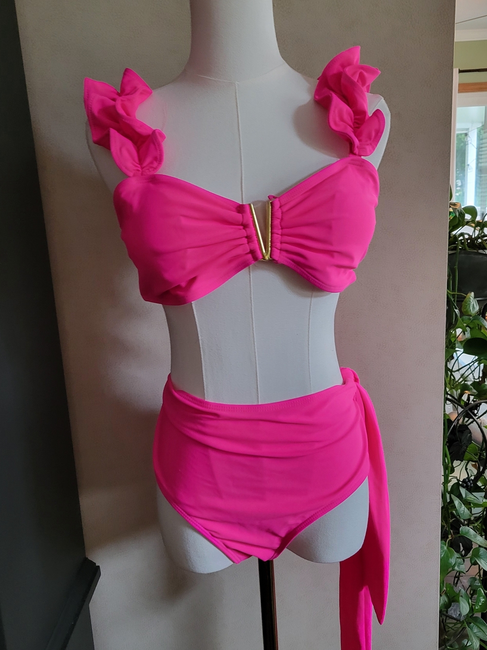 Ruffled Strap High-Waist Bikini Set - Hot Pink
